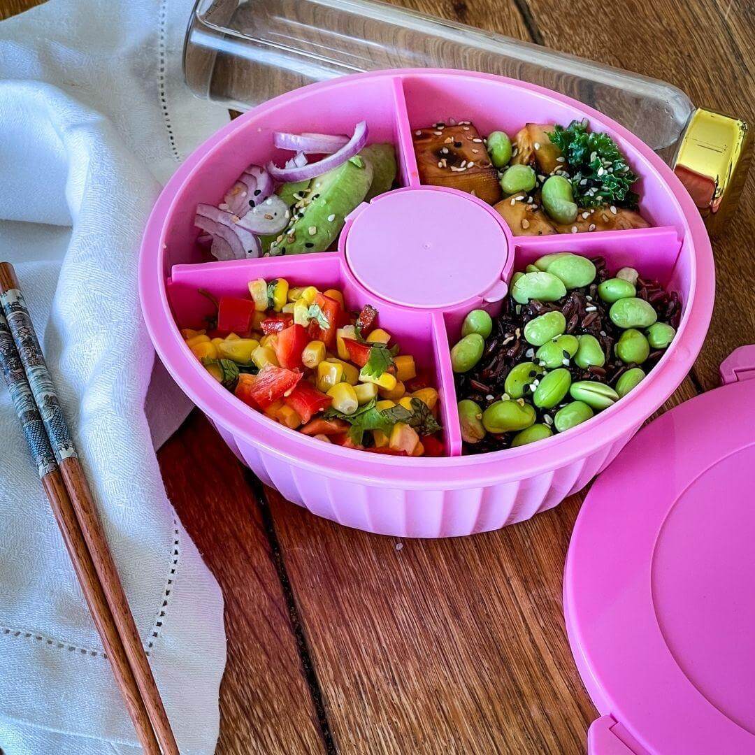 NEW! Yumbox Poke Bowl with 4 Compartment Divider - Various Colours filled with assorted ingredients