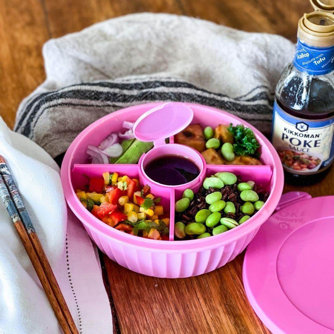 NEW! Yumbox Poke Bowl with 4 Compartment Divider - Various Colours in pink, filled with fresh ingredients.