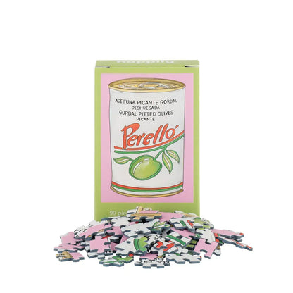 Puzzle box with a can of Perello olives design on a white background