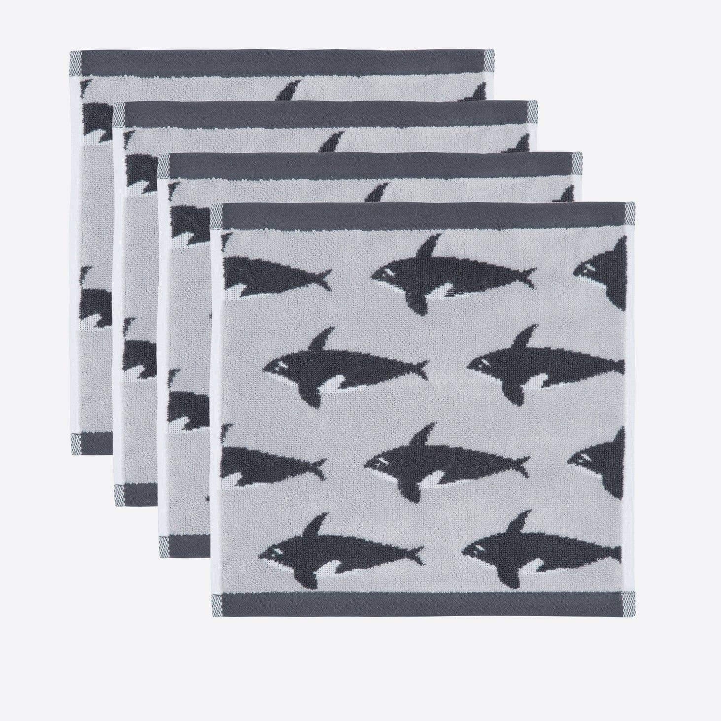 Set of three gray towels with black fish pattern on a white background