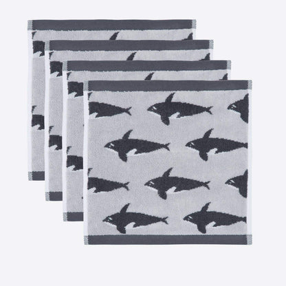 Set of three gray towels with black fish pattern on a white background
