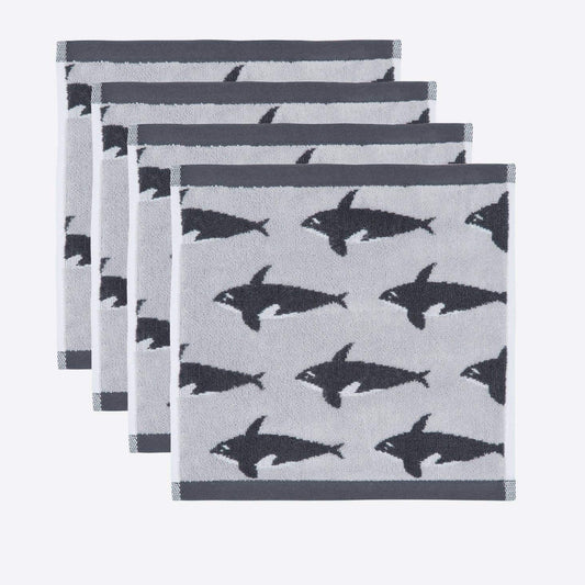 Set of three gray towels with black fish pattern on a white background