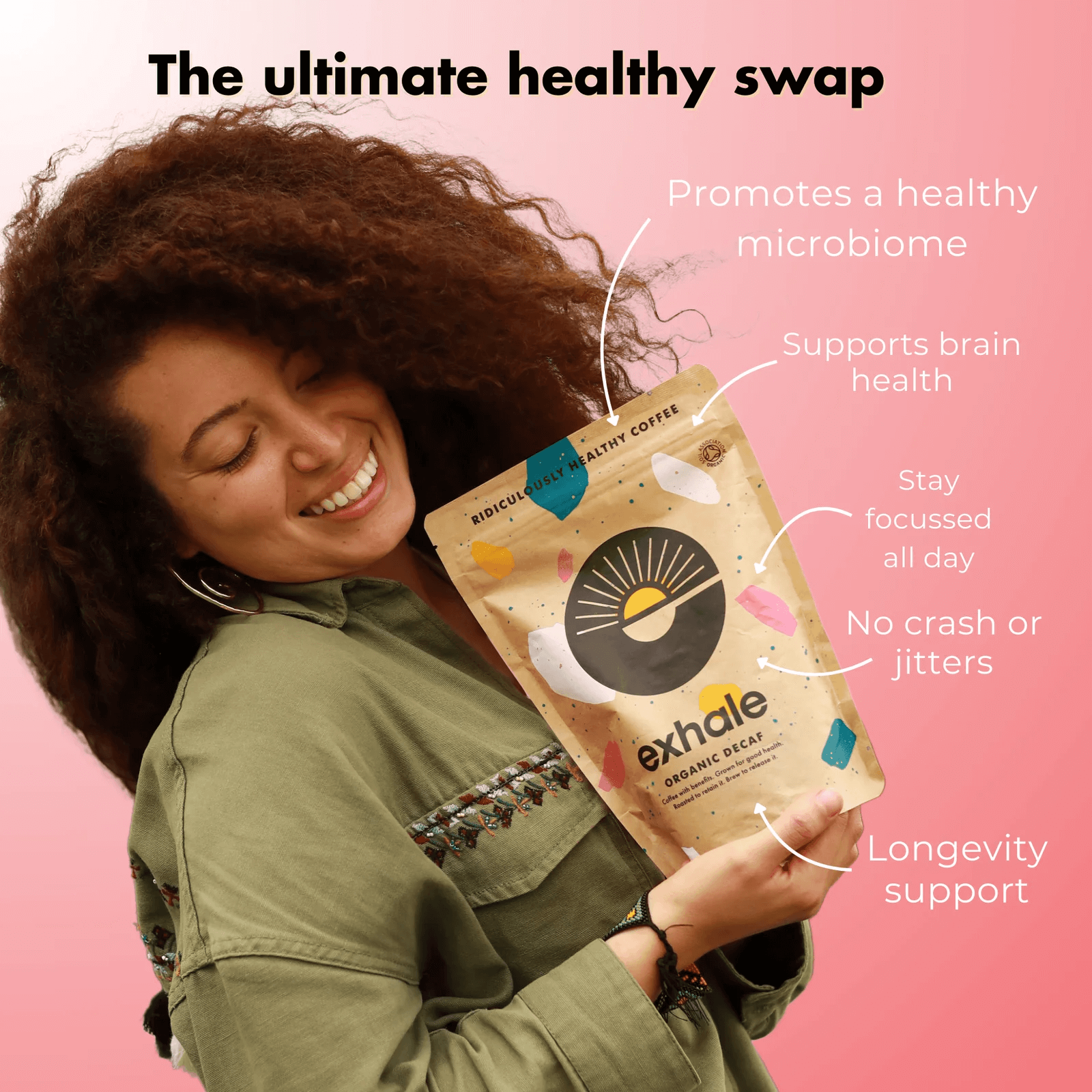 Organic Dark(ish) Roast Coffee packaging promoting healthy benefits and a woman enjoying its features.