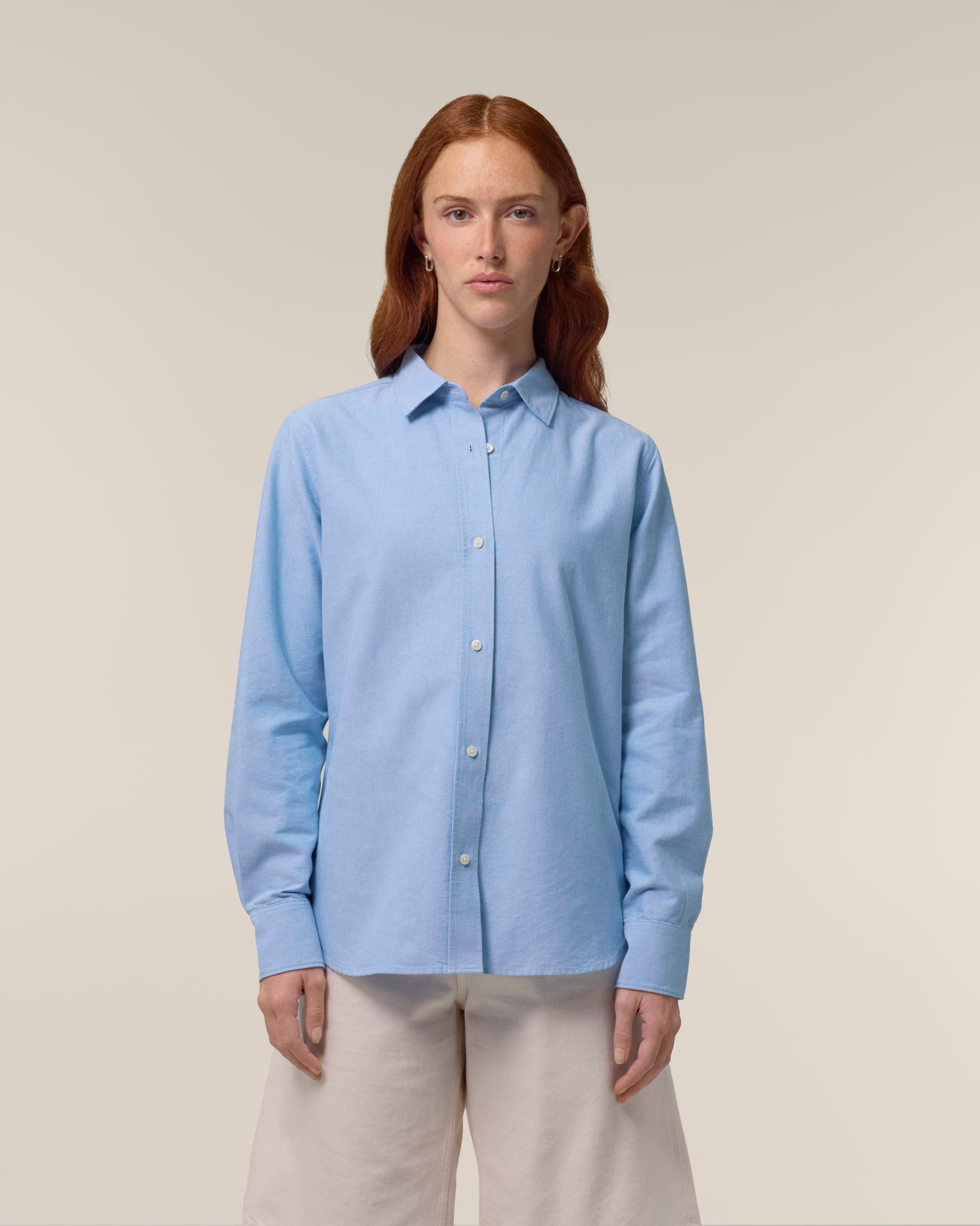 Organic Cotton Oxford Long Sleeve Shirt: Womens, light blue long sleeve shirt for women, tailored feminine fit.