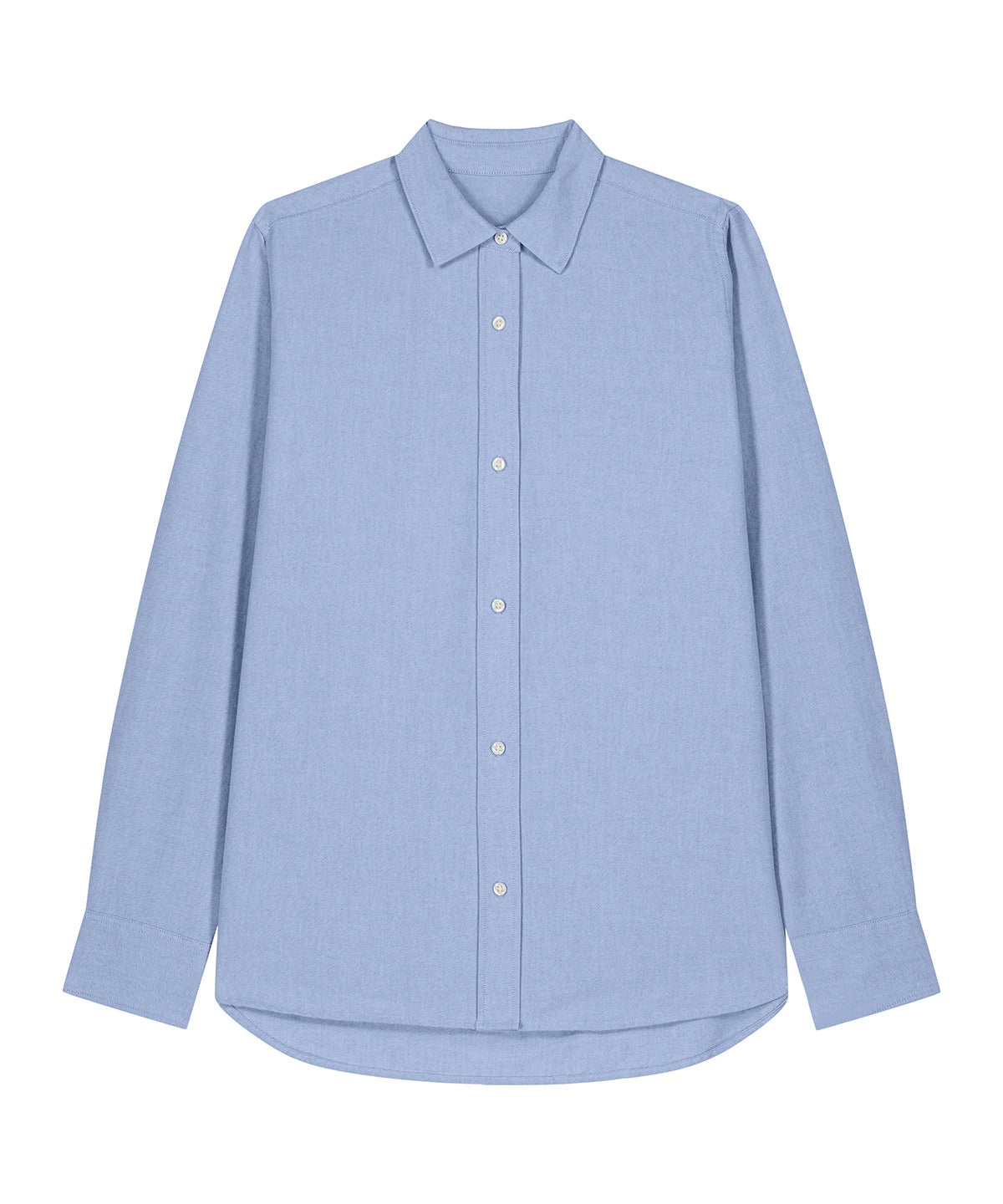 Organic Cotton Oxford Long Sleeve Shirt: Womens in light blue color, featuring tailored fit and button-down design.