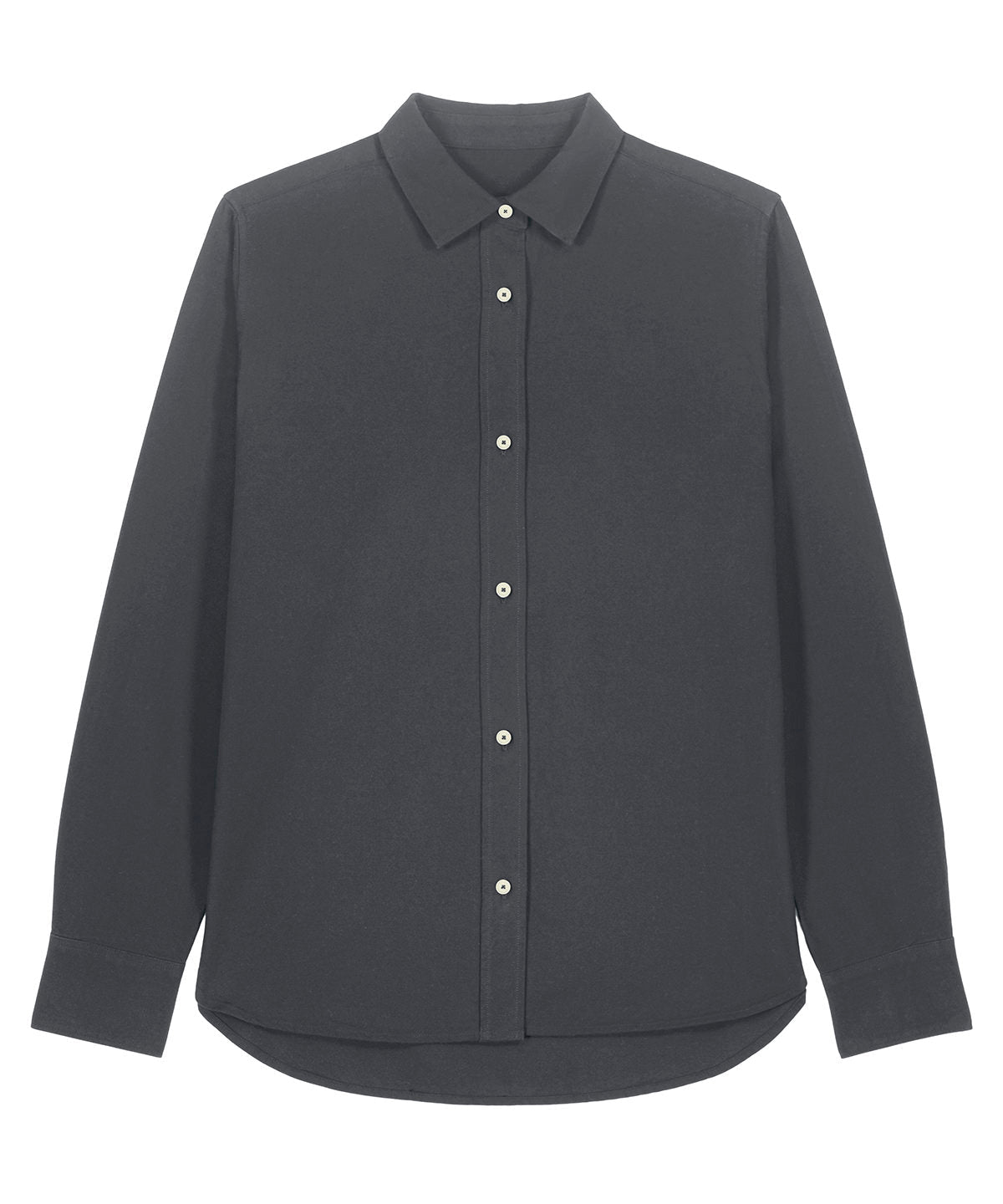 Organic Cotton Oxford Long Sleeve Shirt: Womens in dark gray with button-up front and collared design.
