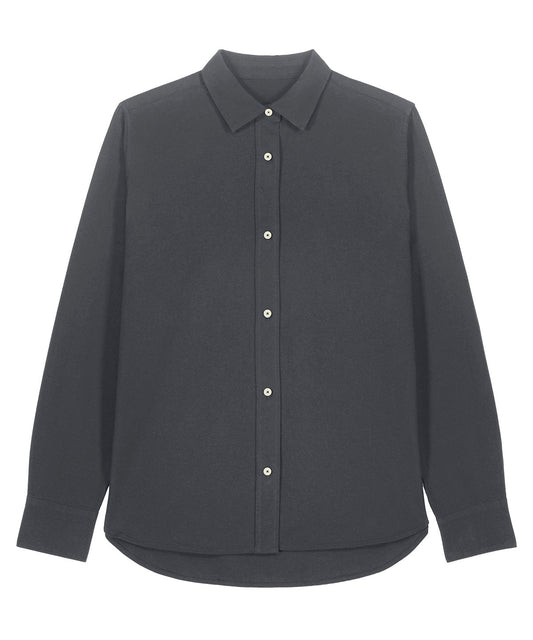 Organic Cotton Oxford Long Sleeve Shirt: Womens in dark gray with button-up front and collared design.
