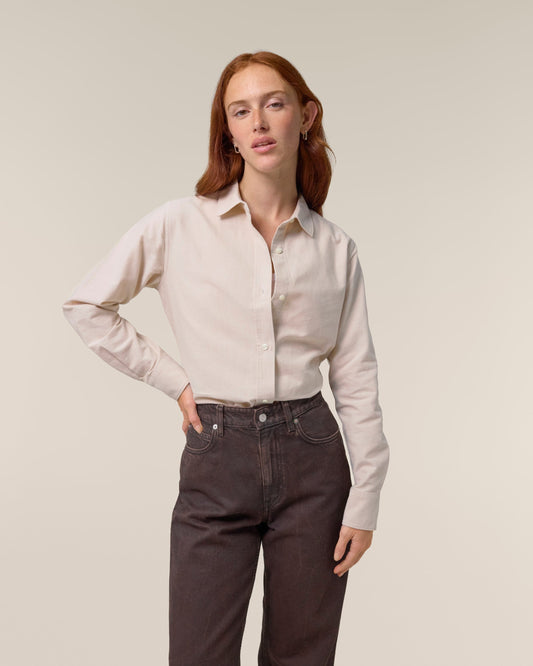 Organic Cotton Oxford Long Sleeve Shirt: Womens worn by a model, showcasing a feminine fit and comfortable style.