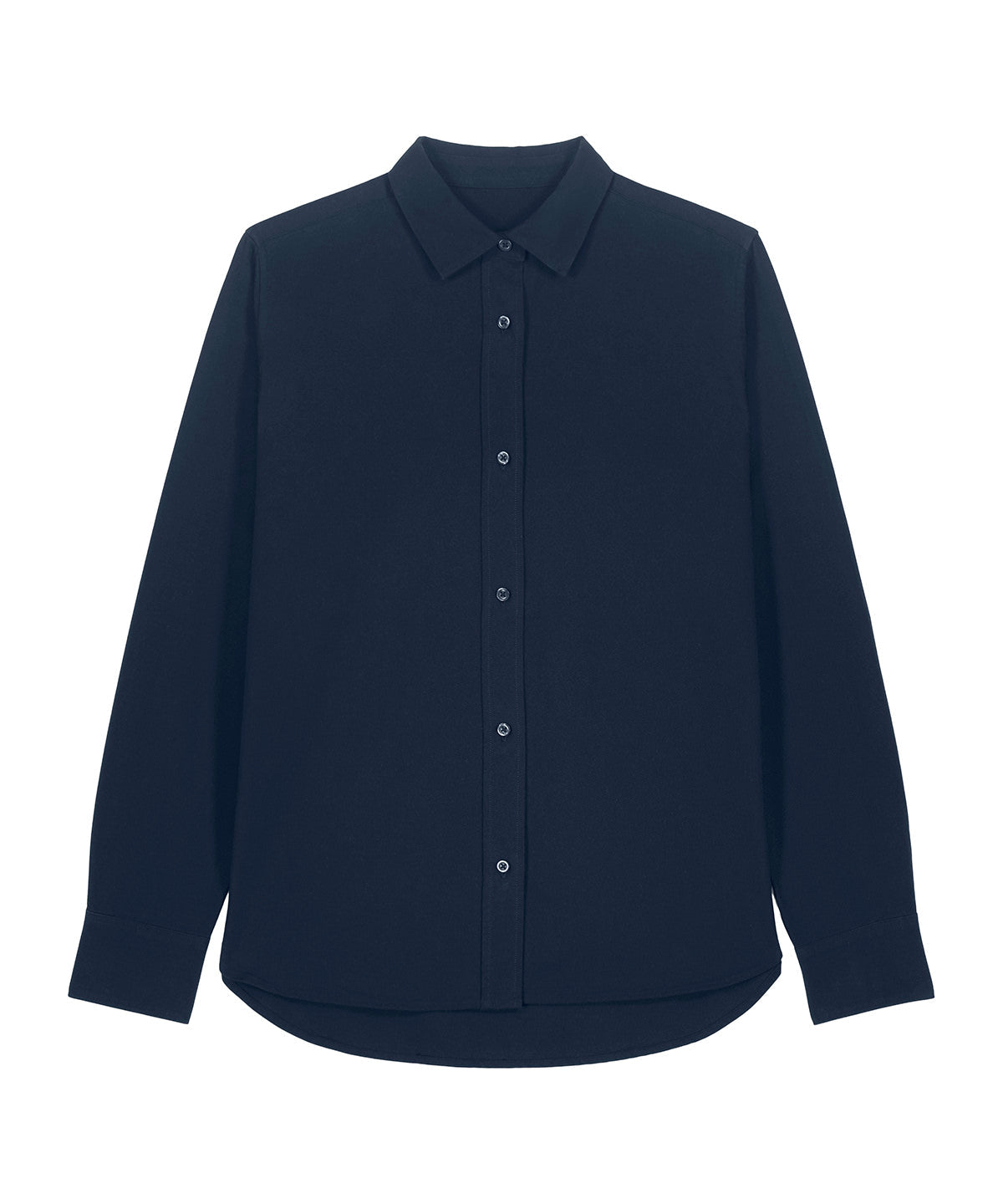 Organic Cotton Oxford Long Sleeve Shirt: Womens in navy blue with button-up front and tailored fit.