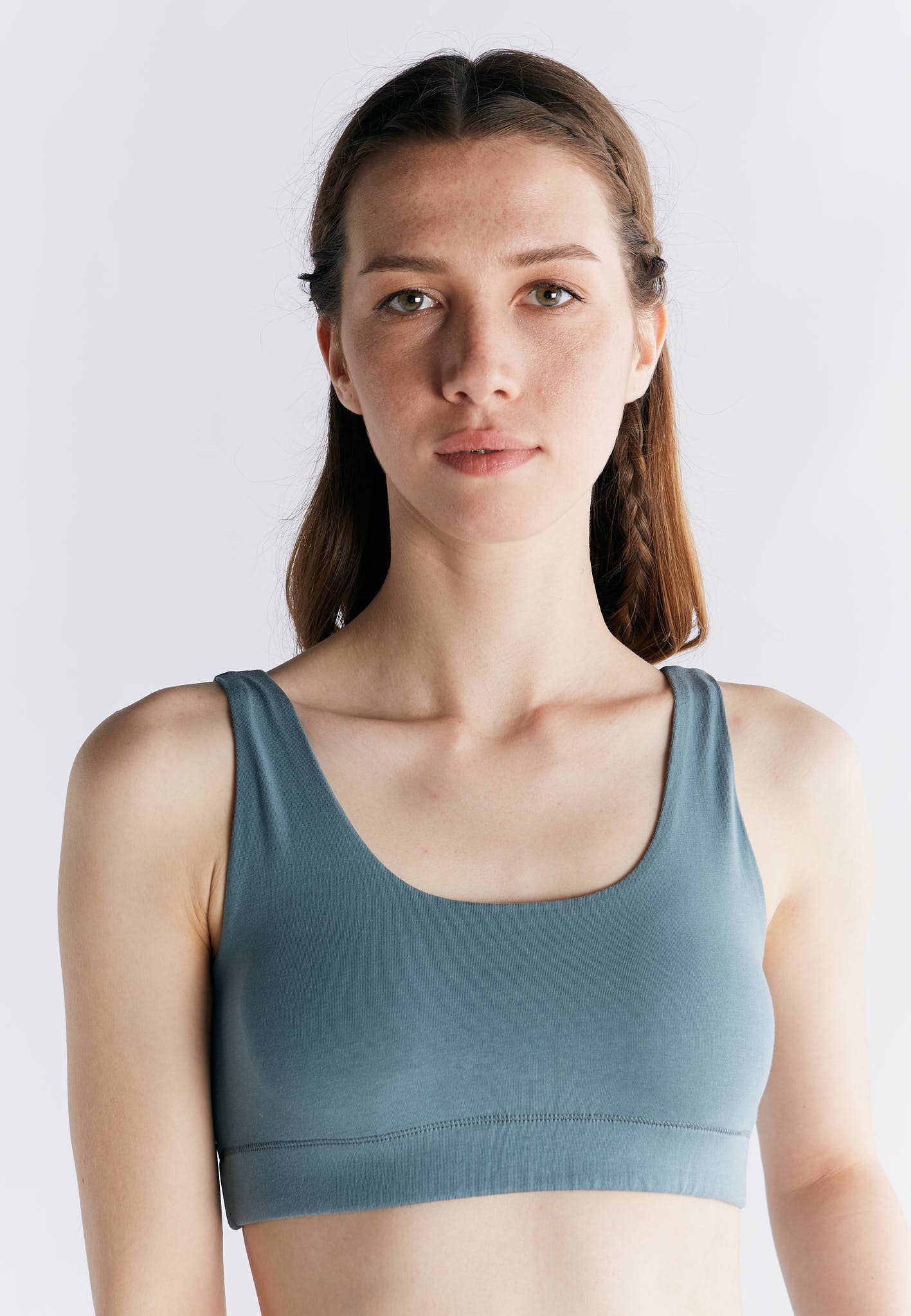 Organic Cotton Padded Bralette in a soft blue color, featuring wide straps and a supportive fit.