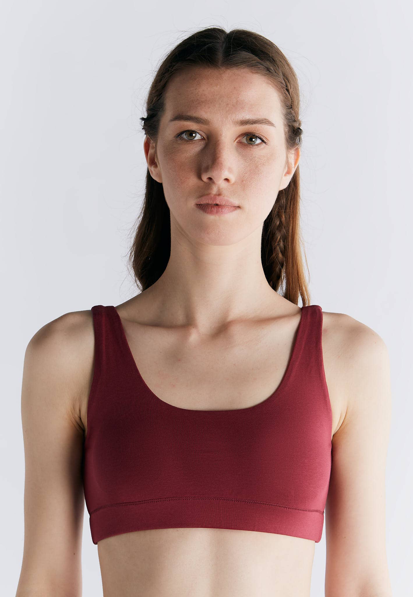 Organic Cotton Padded Bralette in a rich burgundy color, featuring wide straps and a supportive fit.