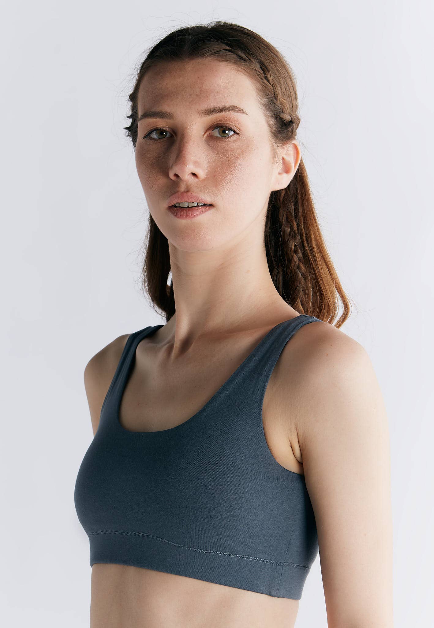 Organic Cotton Padded Bralette in dark blue, featuring broad straps and a comfortable fit, perfect for all-day wear.