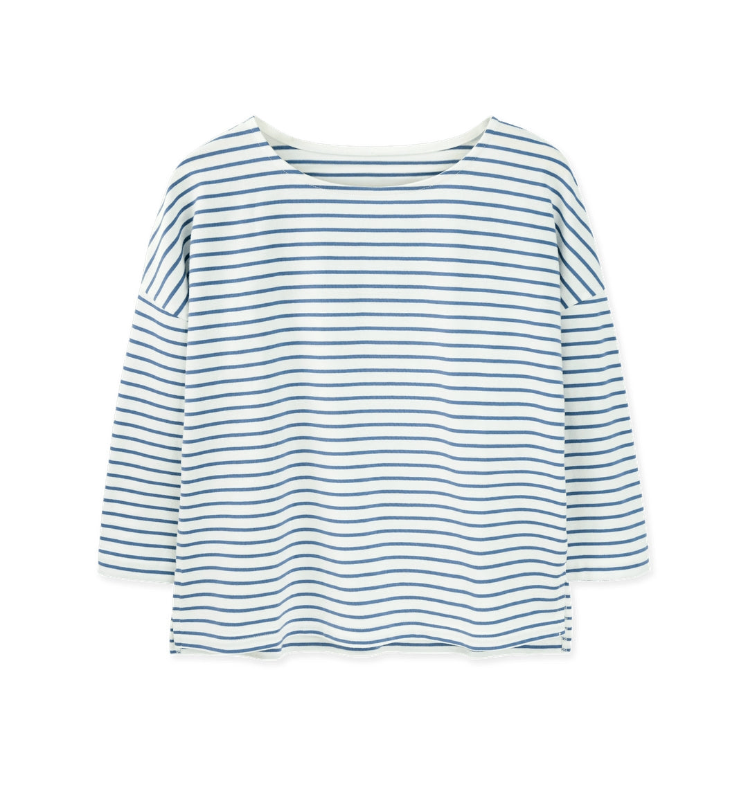 Organic Cotton Striped Boat Neck Top: Womens in blue and white stripes, eco-friendly style available at alewk.club.