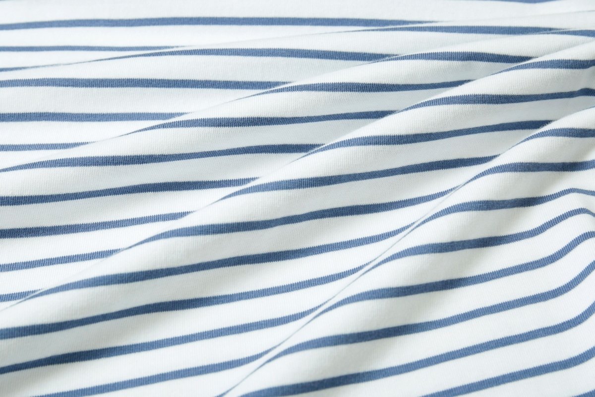 Organic Cotton Striped Boat Neck Top: Womens close-up of midweight fabric with classic Breton stripes at alewk.club.