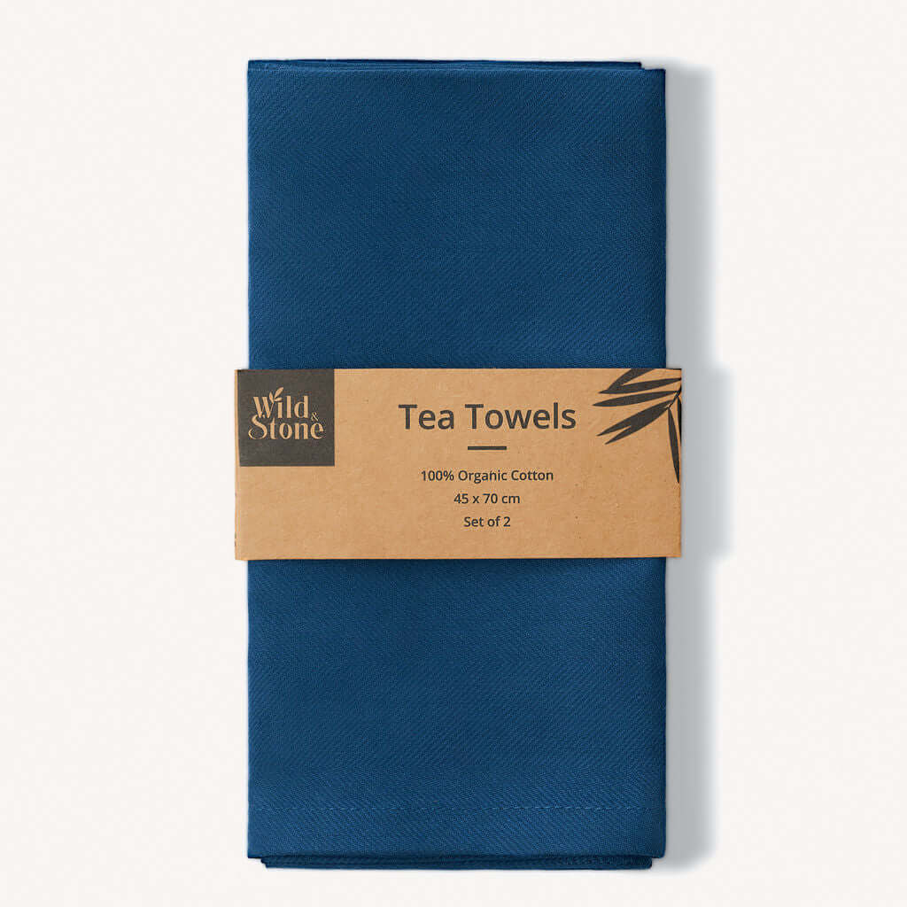 Organic Cotton Tea Towels - Herringbone Weave - Set of 2, navy blue, packaged for sustainable kitchen use.