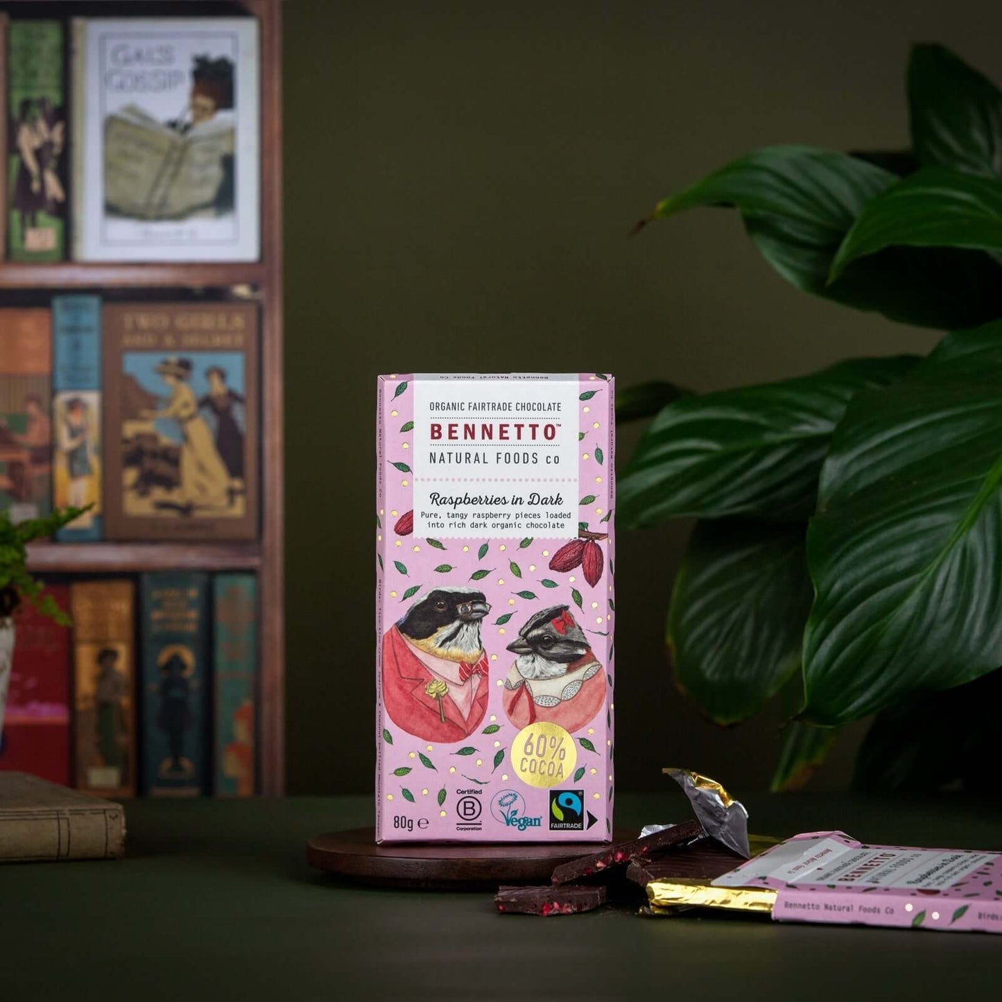 Raspberries in Dark chocolate packaging in eco-friendly online shop setting, Brighton and Hove.