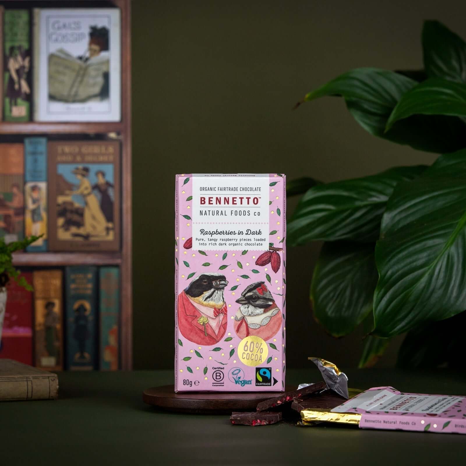 Raspberries in Dark chocolate packaging in eco-friendly online shop setting, Brighton and Hove.