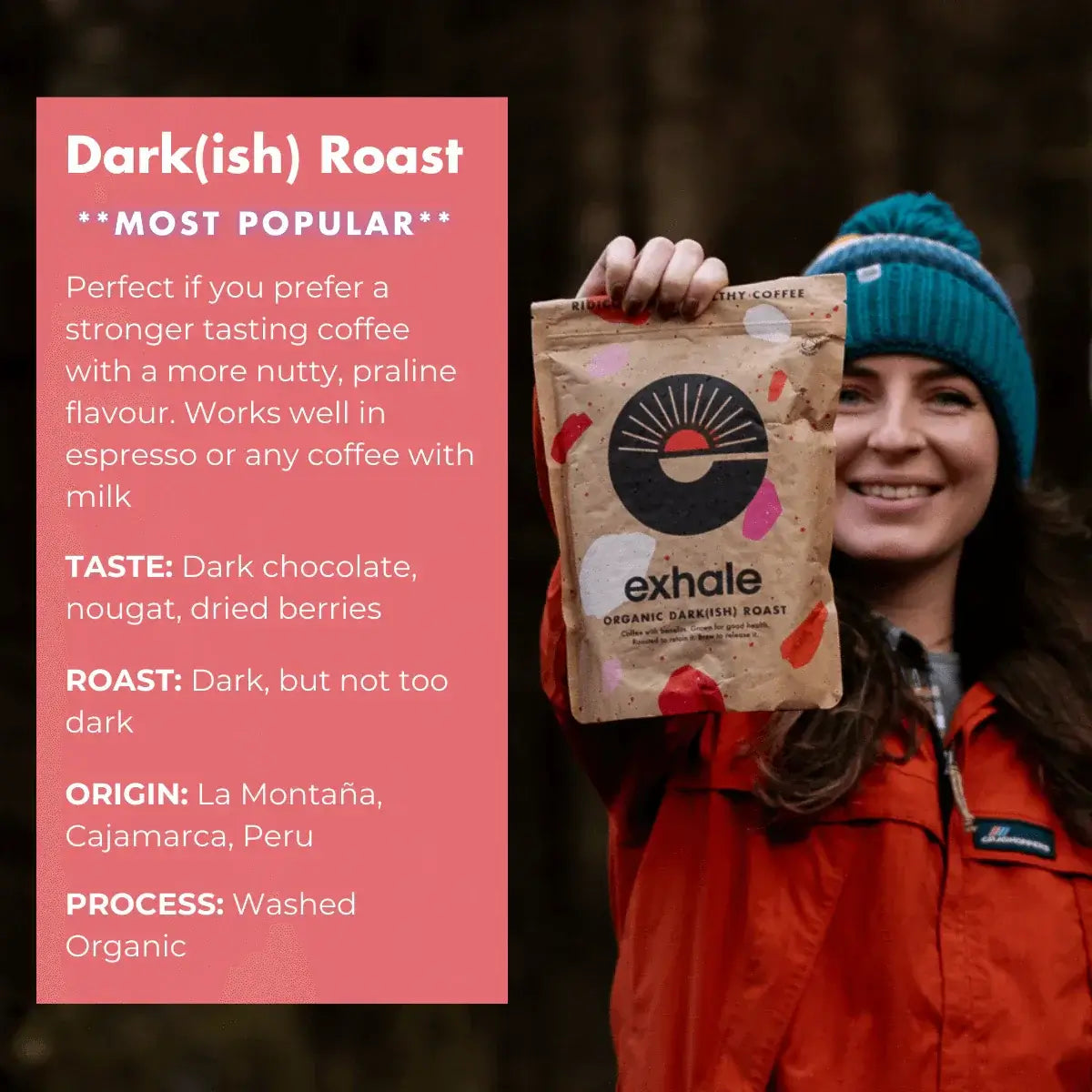 Organic Dark(ish) Roast Coffee package held by a smiling woman, highlighting its rich flavor profile and organic origin.