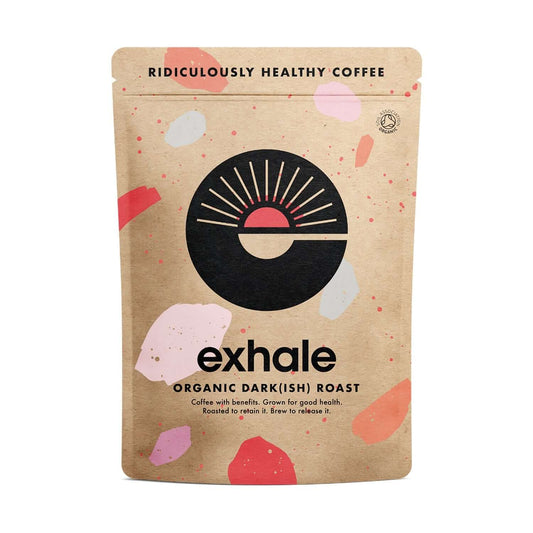 Organic Dark(ish) Roast Coffee packaging featuring modern design and earthy colors.