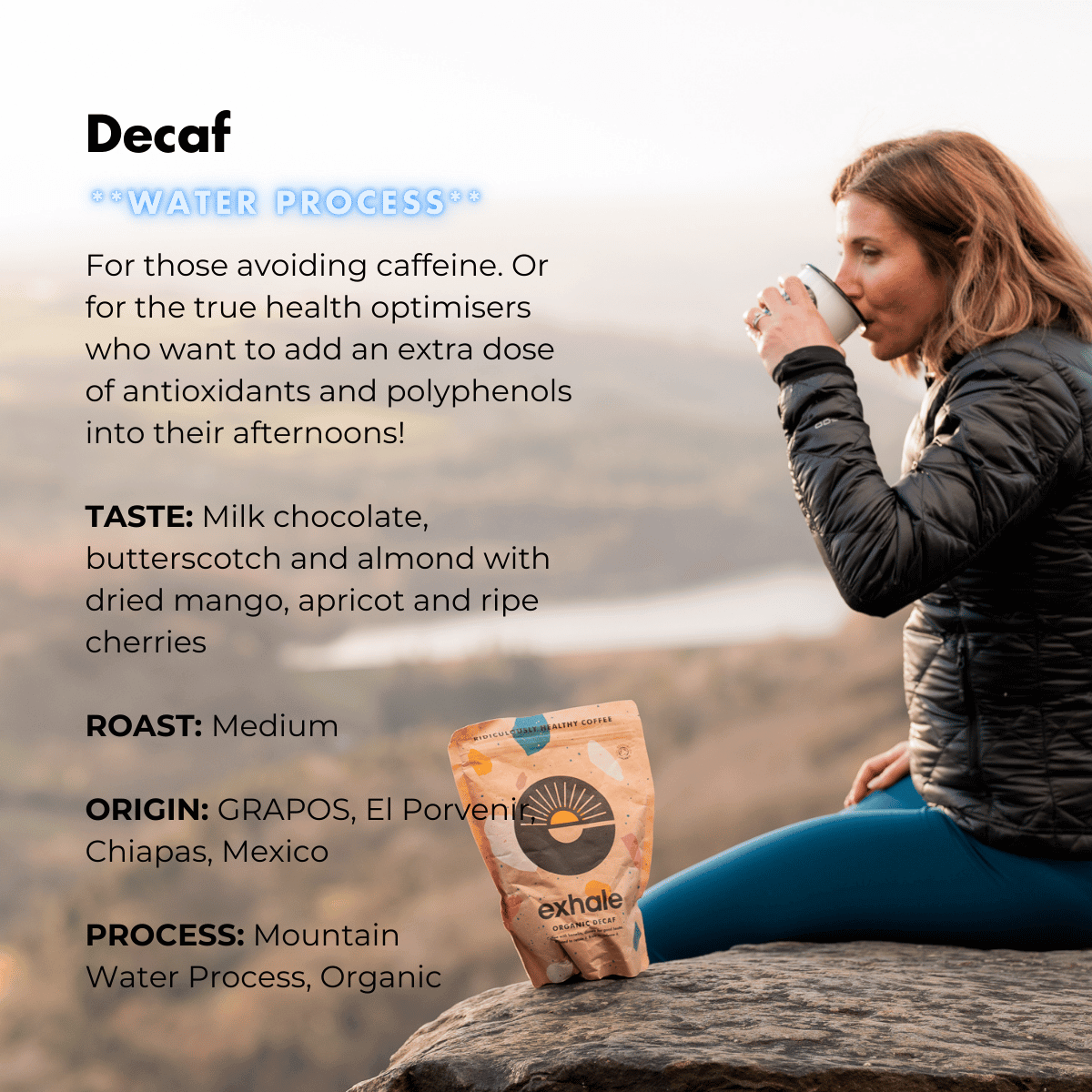 A woman enjoying Organic Decaf Coffee while showcasing Mountain Water Process and its health benefits.