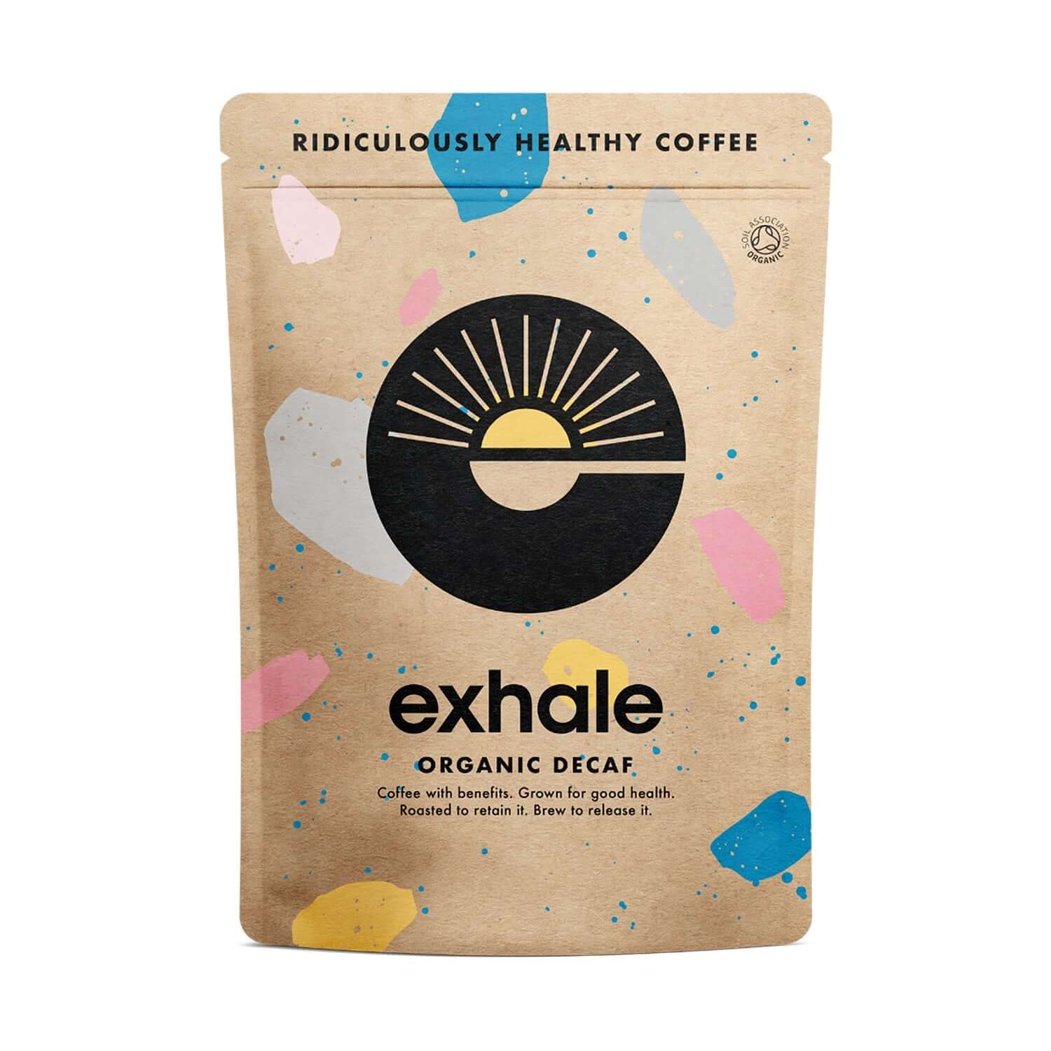 Organic Decaf Coffee packaging featuring colorful design and sun logo, promoting healthy coffee benefits.
