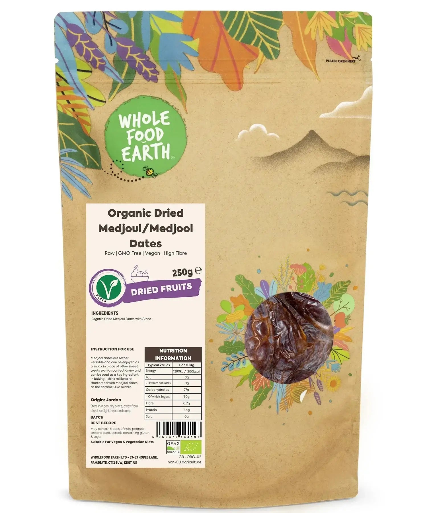 Whole Food Earth organic dried medjool dates packaging on a white background -Brighton and Hove