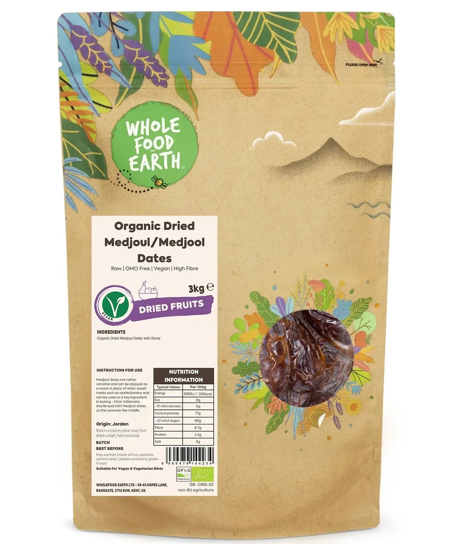 Whole Food Earth organic dried medjool dates packaging on a white background -Brighton and Hove