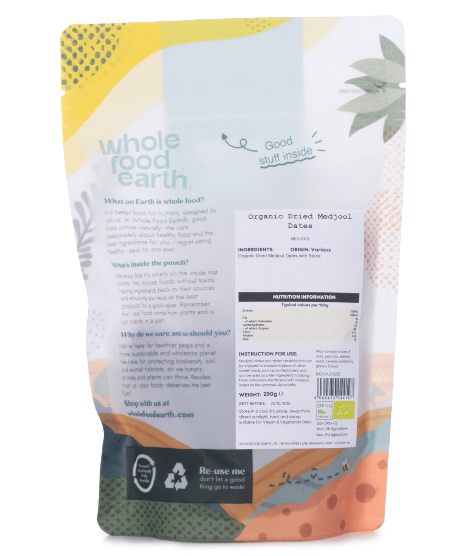 Whole Food Earth organic dried medjool dates packaging on a white background -Brighton and Hove
