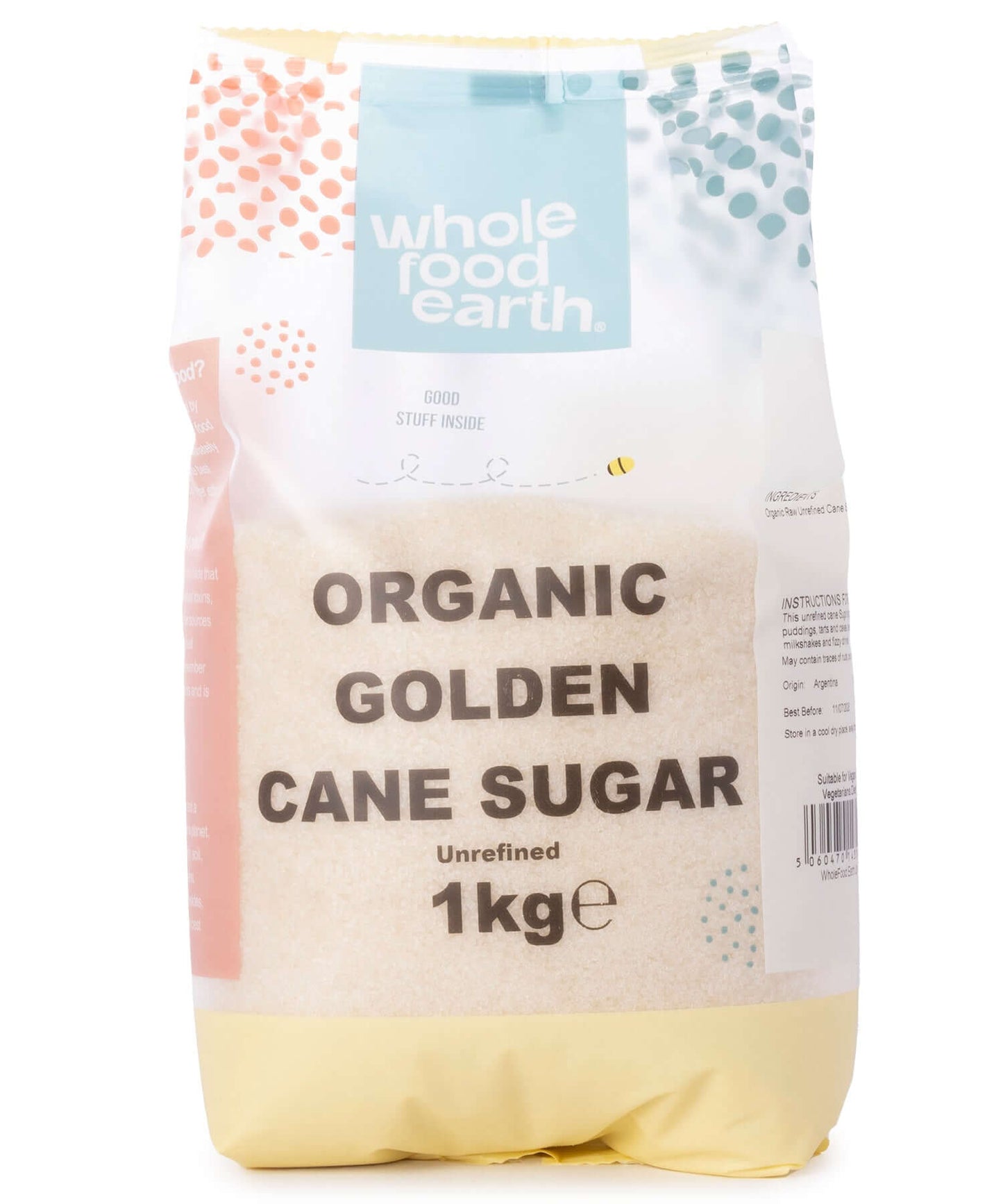 Bag of organic golden cane sugar with 'whole food earth' branding on a white background