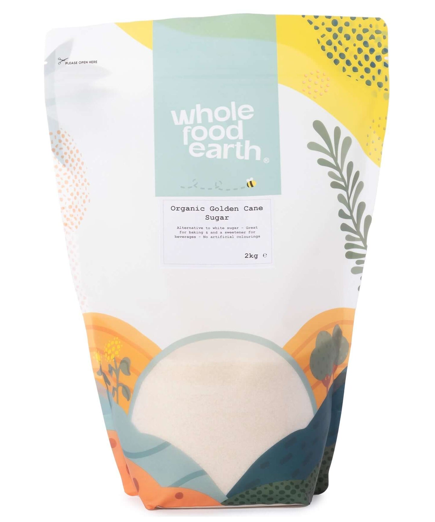Bag of whole food earth organic golden cane sugar on a white background