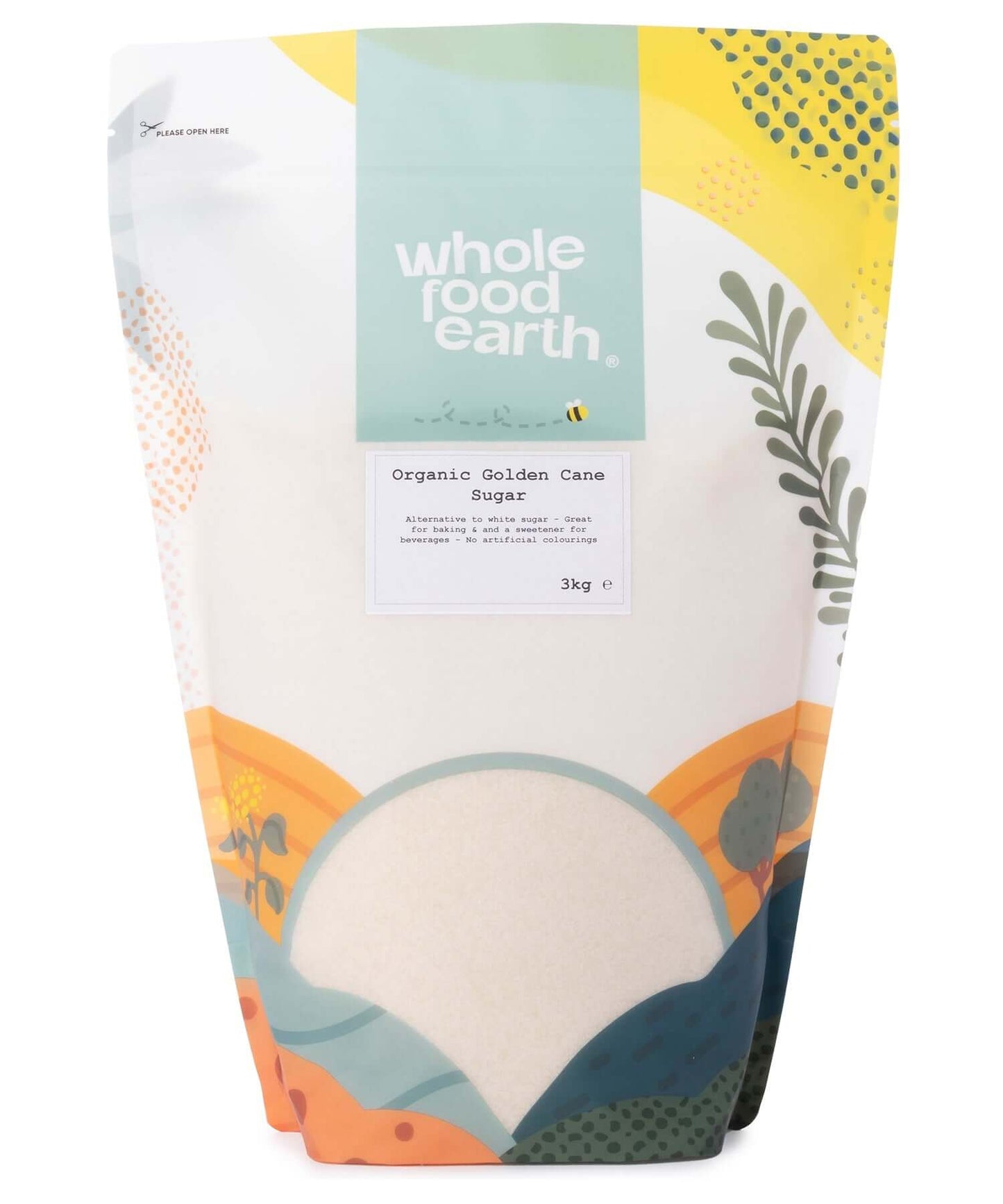 Bag of whole food earth organic golden cane sugar with colorful design