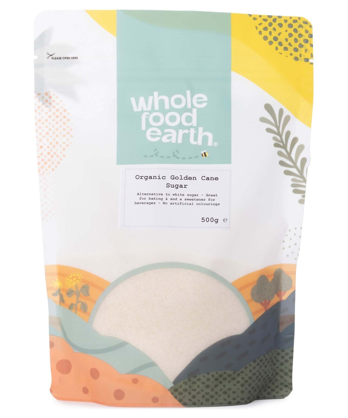 Whole Food Earth organic golden cane sugar package on a white background