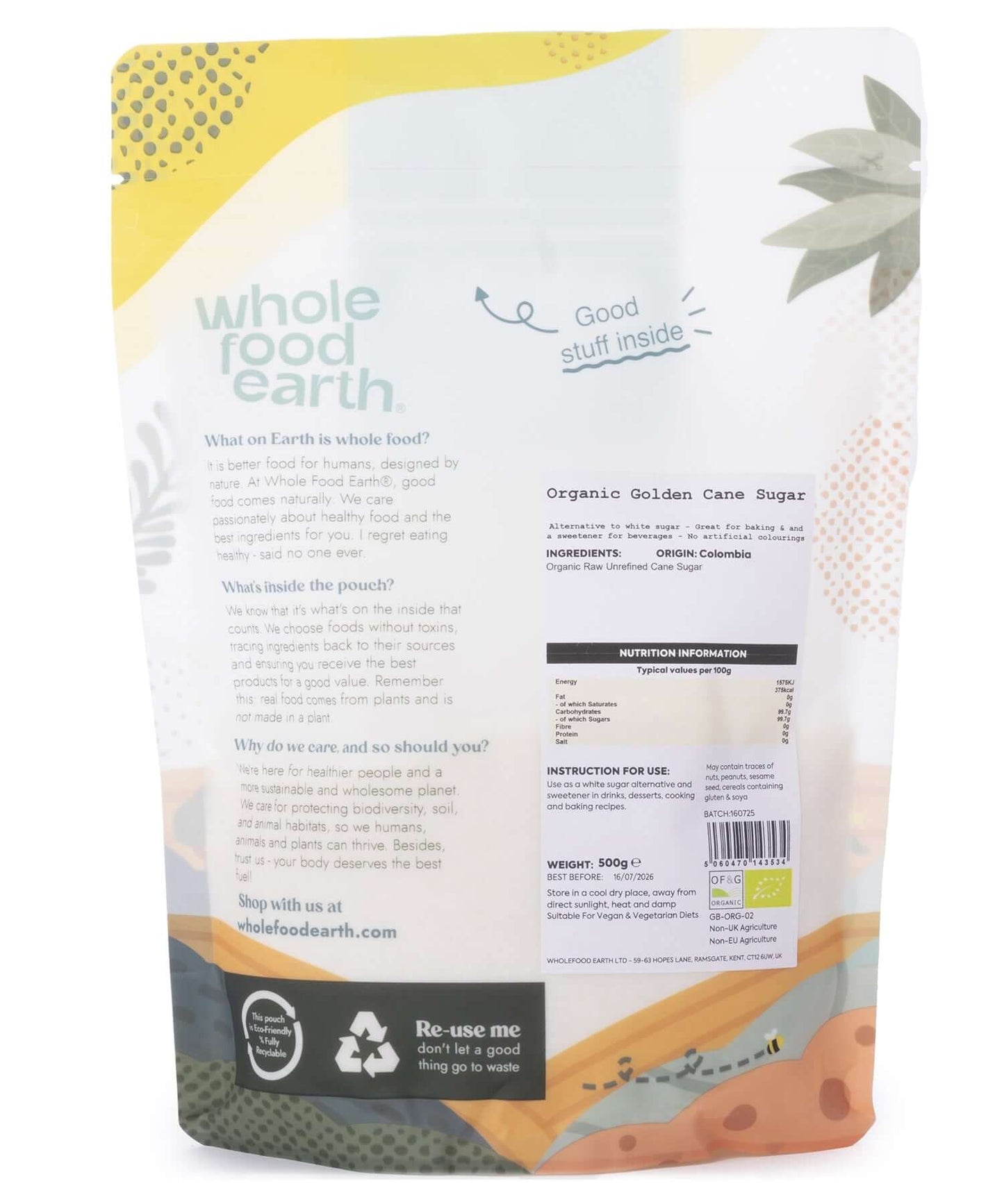Back view of a Whole Food Earth organic golden cane sugar package with text and branding.
