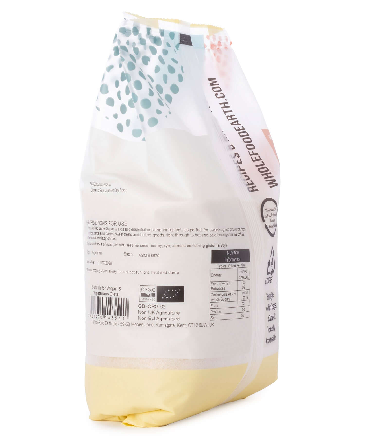 Bag of flour with a label on a white background