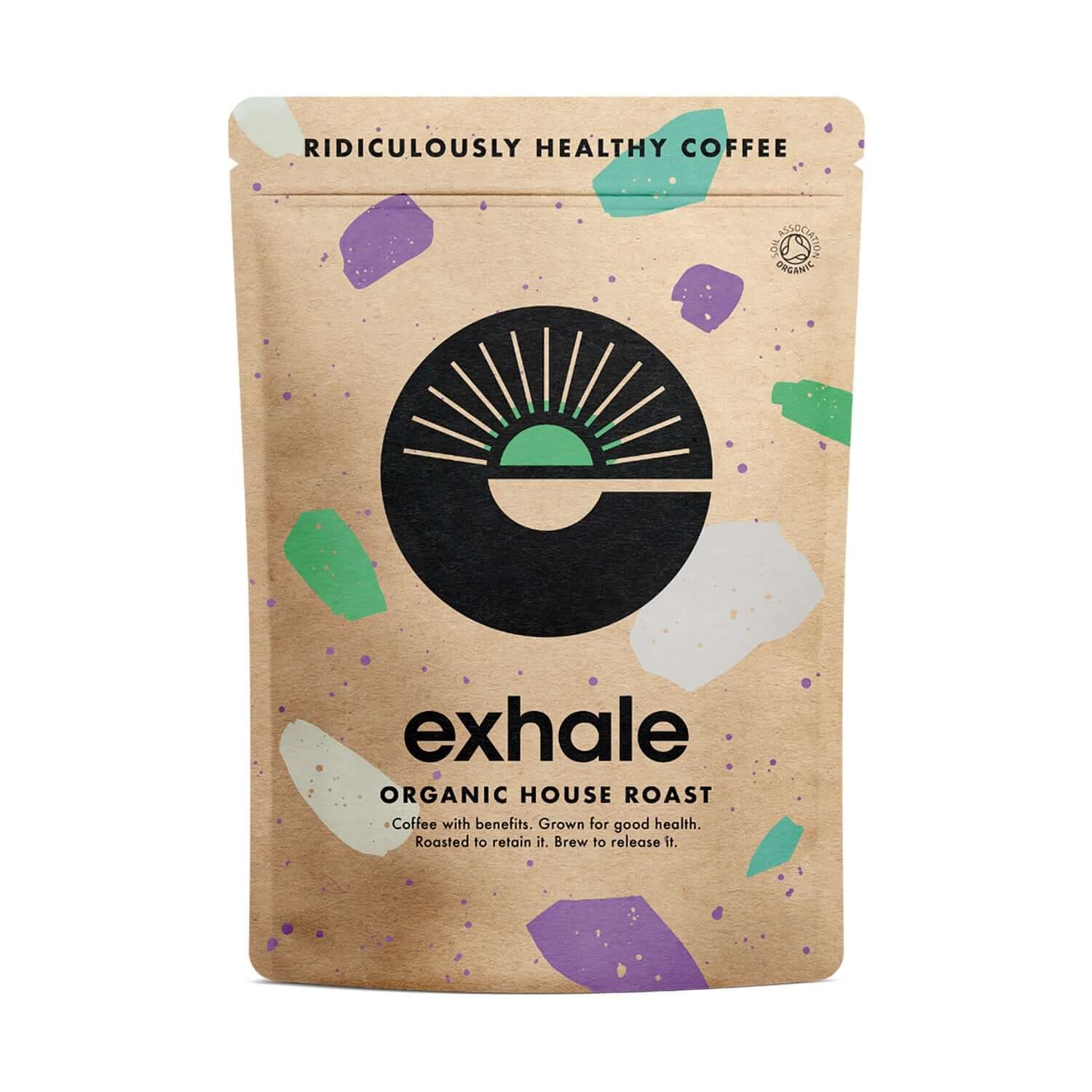 Exhale Organic House Roast Coffee package with a sun design, highlighting its healthy coffee benefits.
