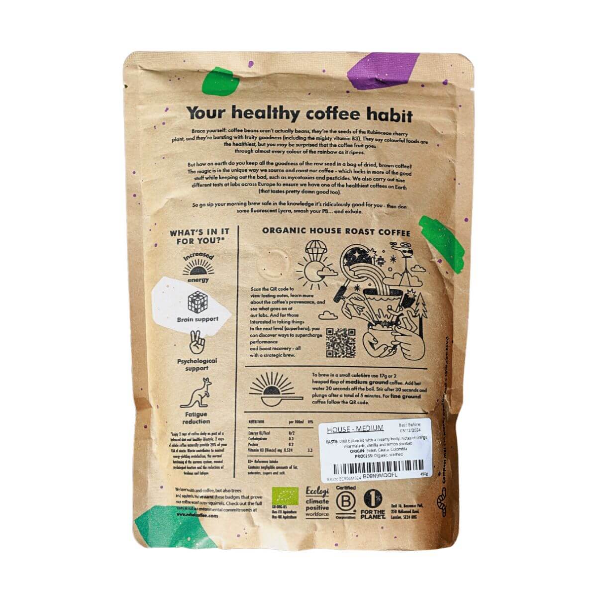 Back of Organic House Roast Coffee bag showcasing health benefits and ingredients.