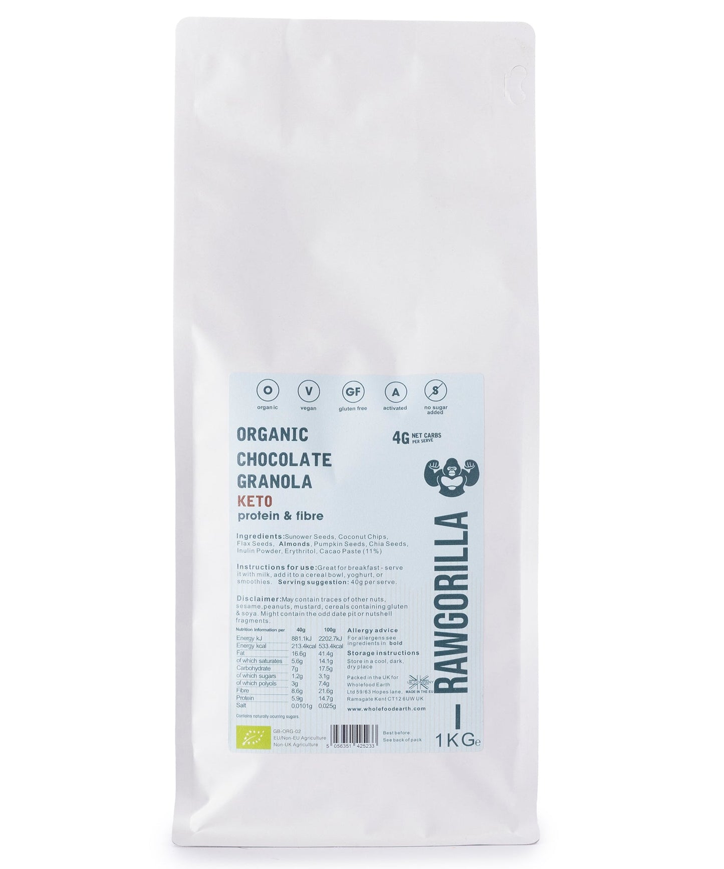 Organic Keto Chocolate Granola - RAWGORILLA - 1kg packaging from eco friendly online shop at alewk.club in Brighton and Hove.