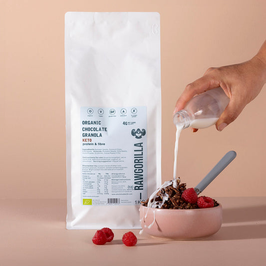 Organic Keto Chocolate Granola - RAWGORILLA - 1kg being served with milk and berries, perfect for keto diets at alewk.club.