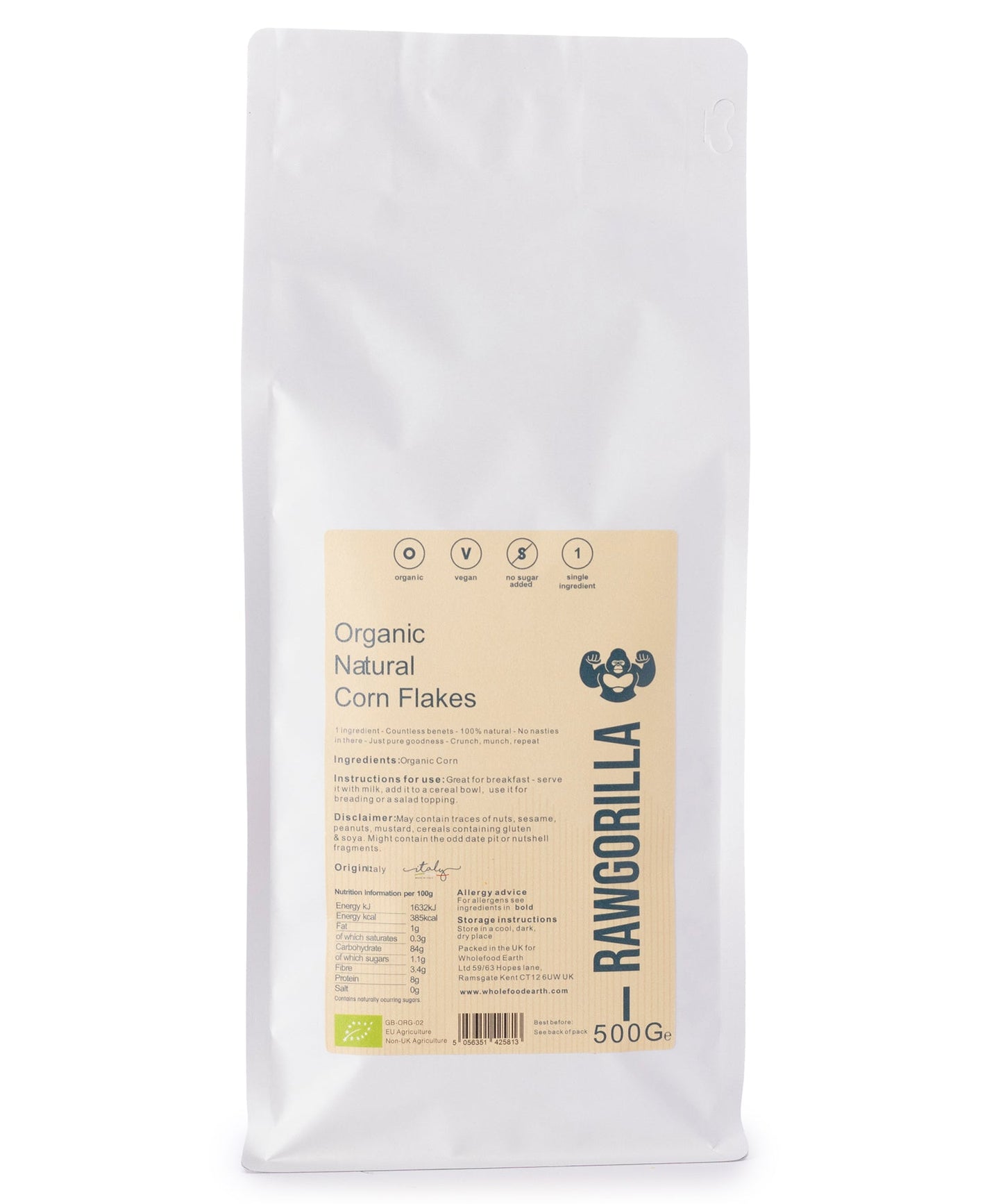 Organic Natural Corn Flakes - RAWGORILLA - 500g packaging with nutritional information and eco-friendly branding.