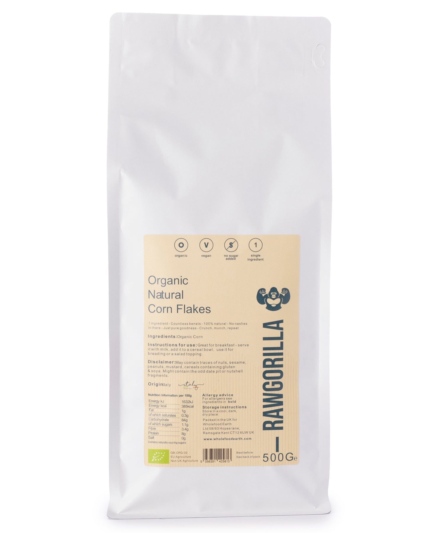 Organic Natural Corn Flakes - RAWGORILLA - 500g packaging with nutritional information and eco-friendly branding.