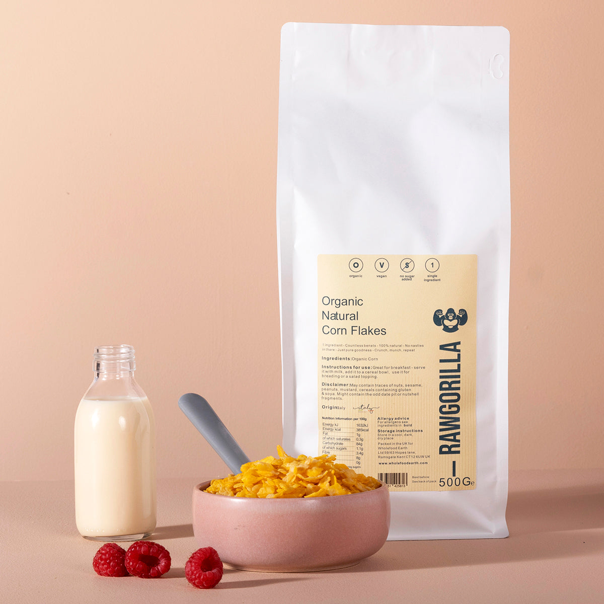 Organic Natural Corn Flakes - RAWGORILLA - 500g with bowl and milk, eco-friendly breakfast option from alewk.club