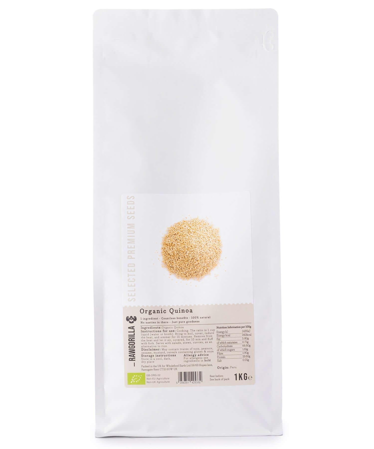 White package of organic quinoa with a visible brand label on a white background