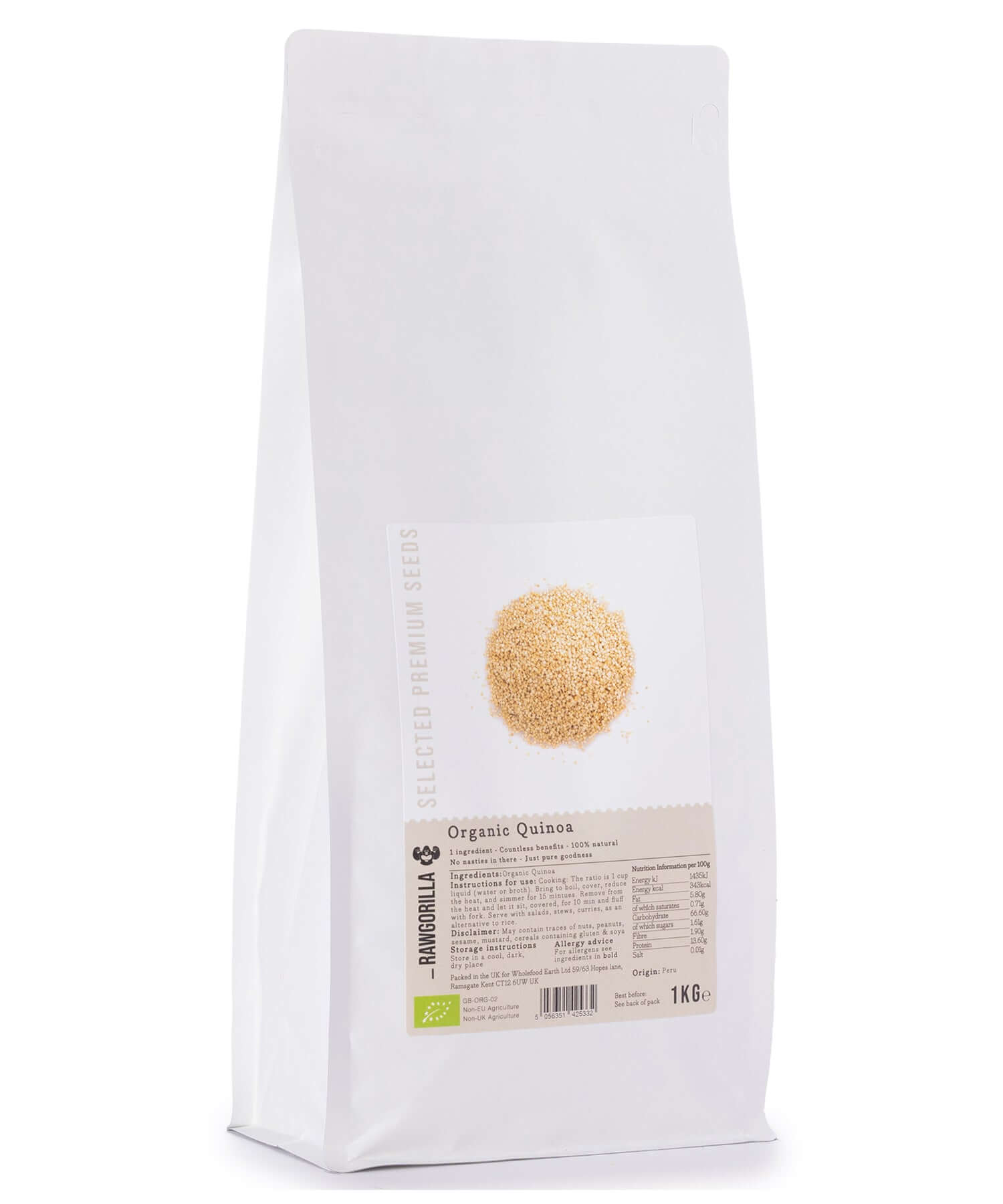 White bag of organic quinoa with a visible brand label on a white background