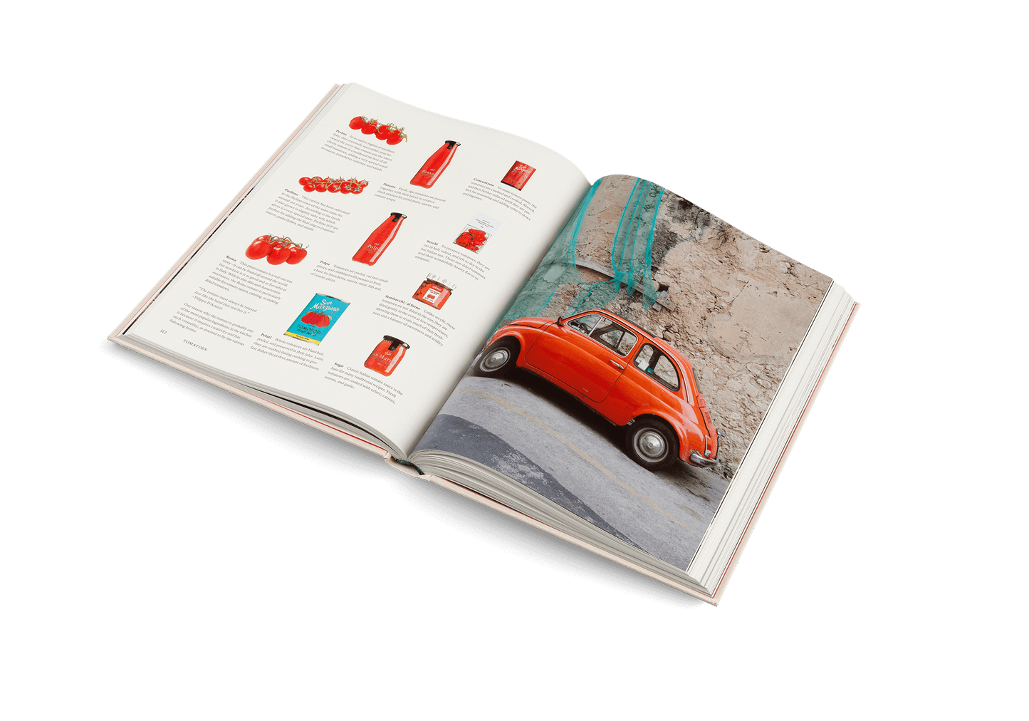 Open book showcasing recipes from Originale: Recipes and Essentials of Italian Cooking with vibrant red tomato imagery.