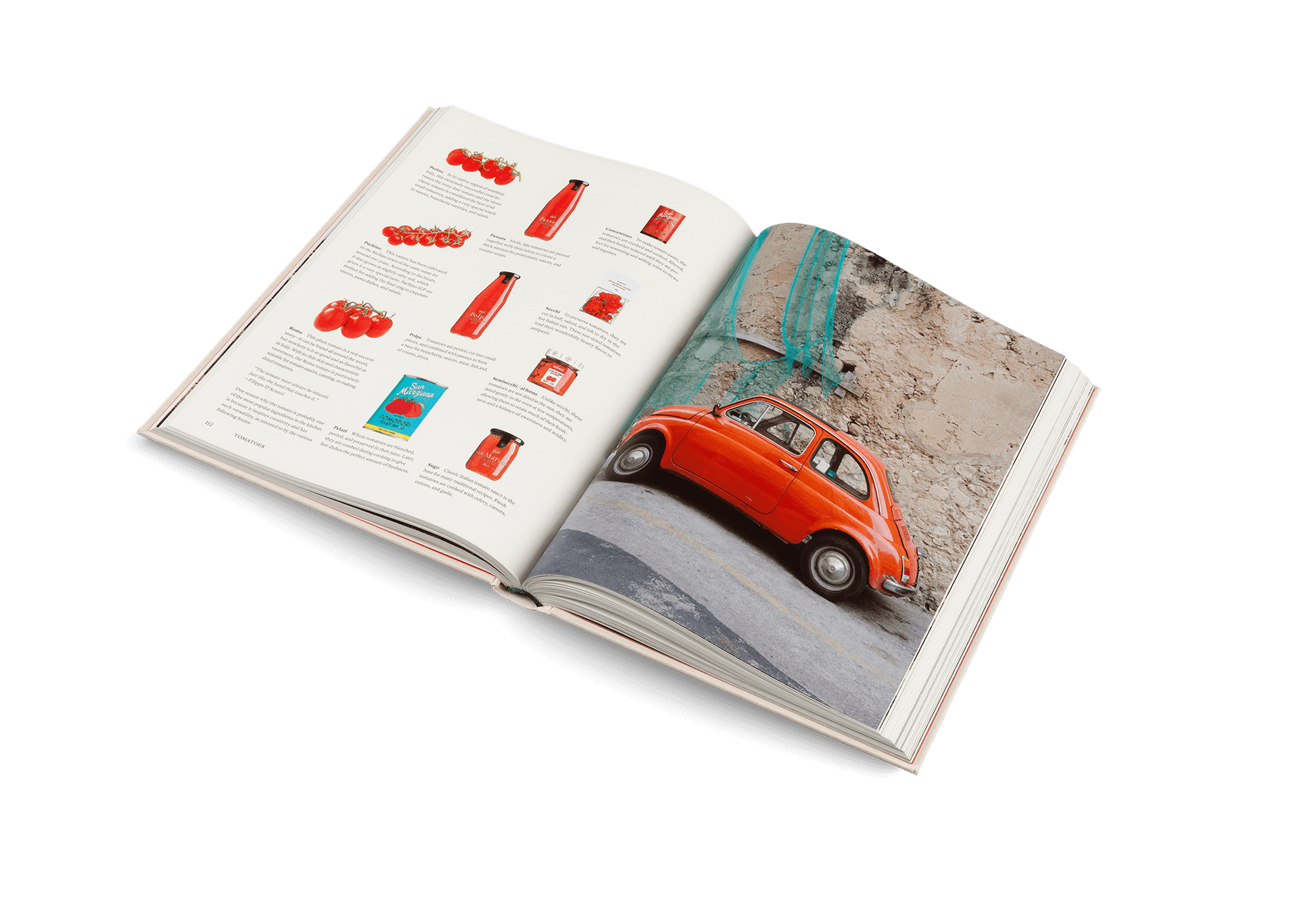 Open book showcasing recipes from Originale: Recipes and Essentials of Italian Cooking with vibrant red tomato imagery.