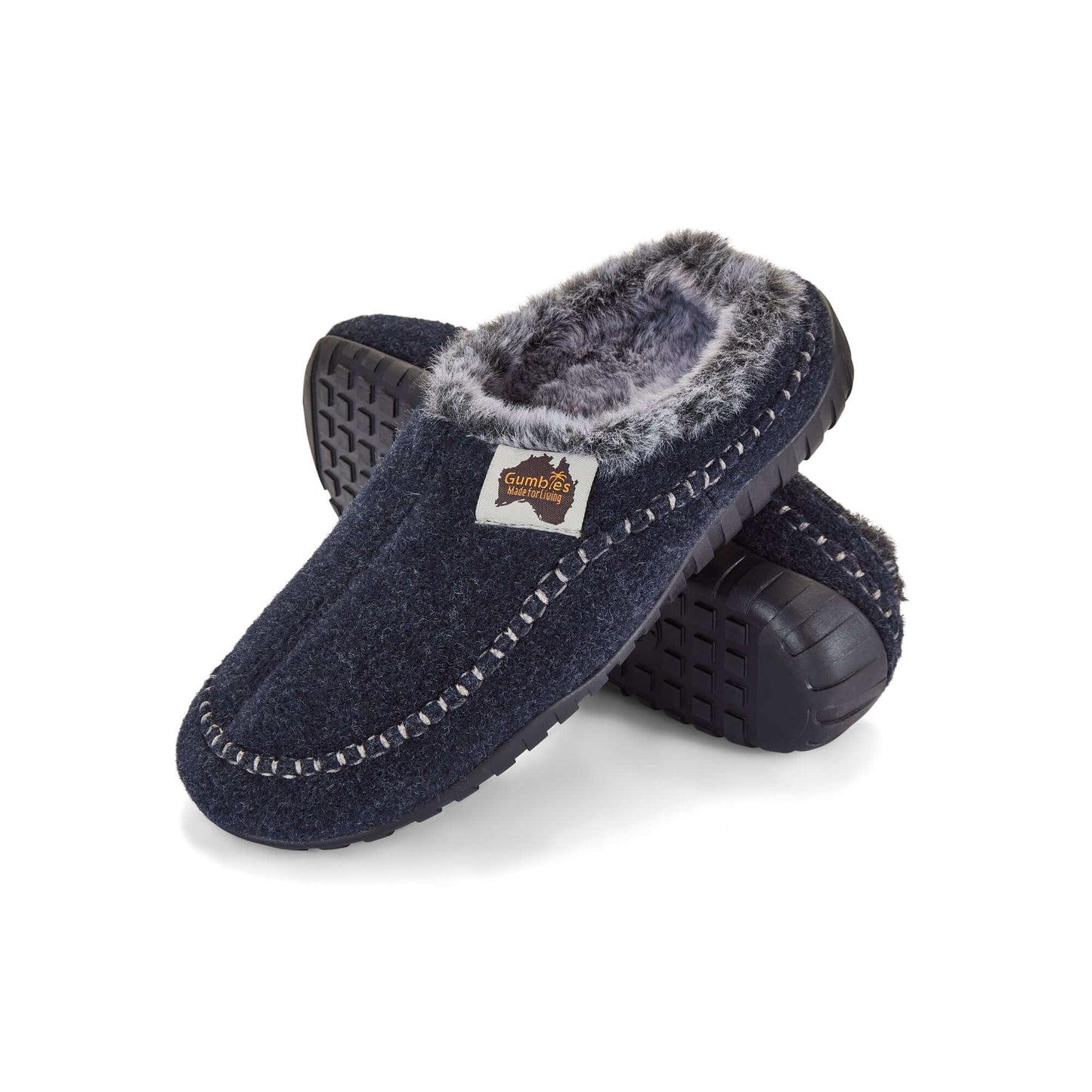 Ossa Low - Men's - Navy & Grey back view showing plush faux fur lining and durable sole.
