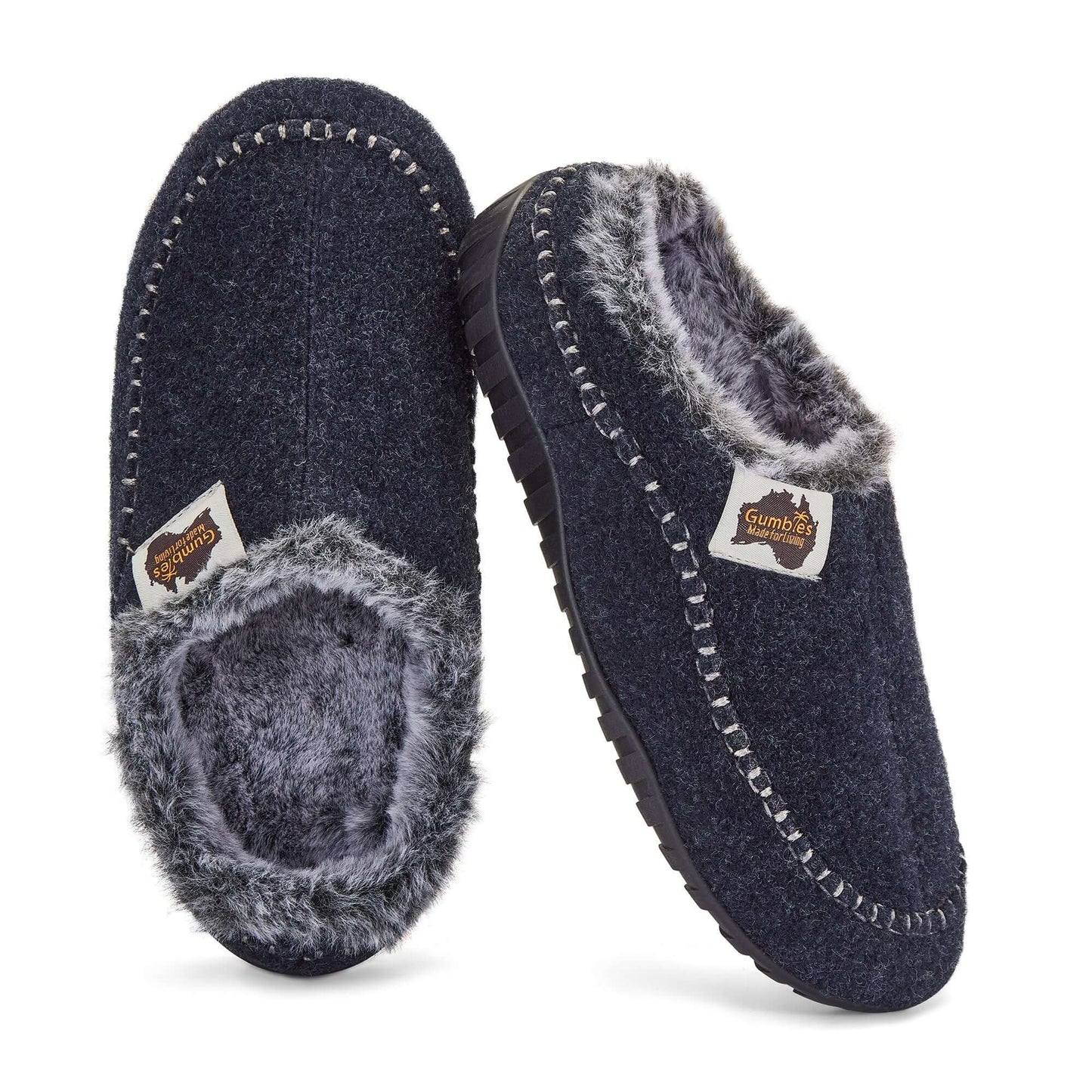 Ossa Low - Men's - Navy & Grey back view showing plush faux fur lining and durable sole.