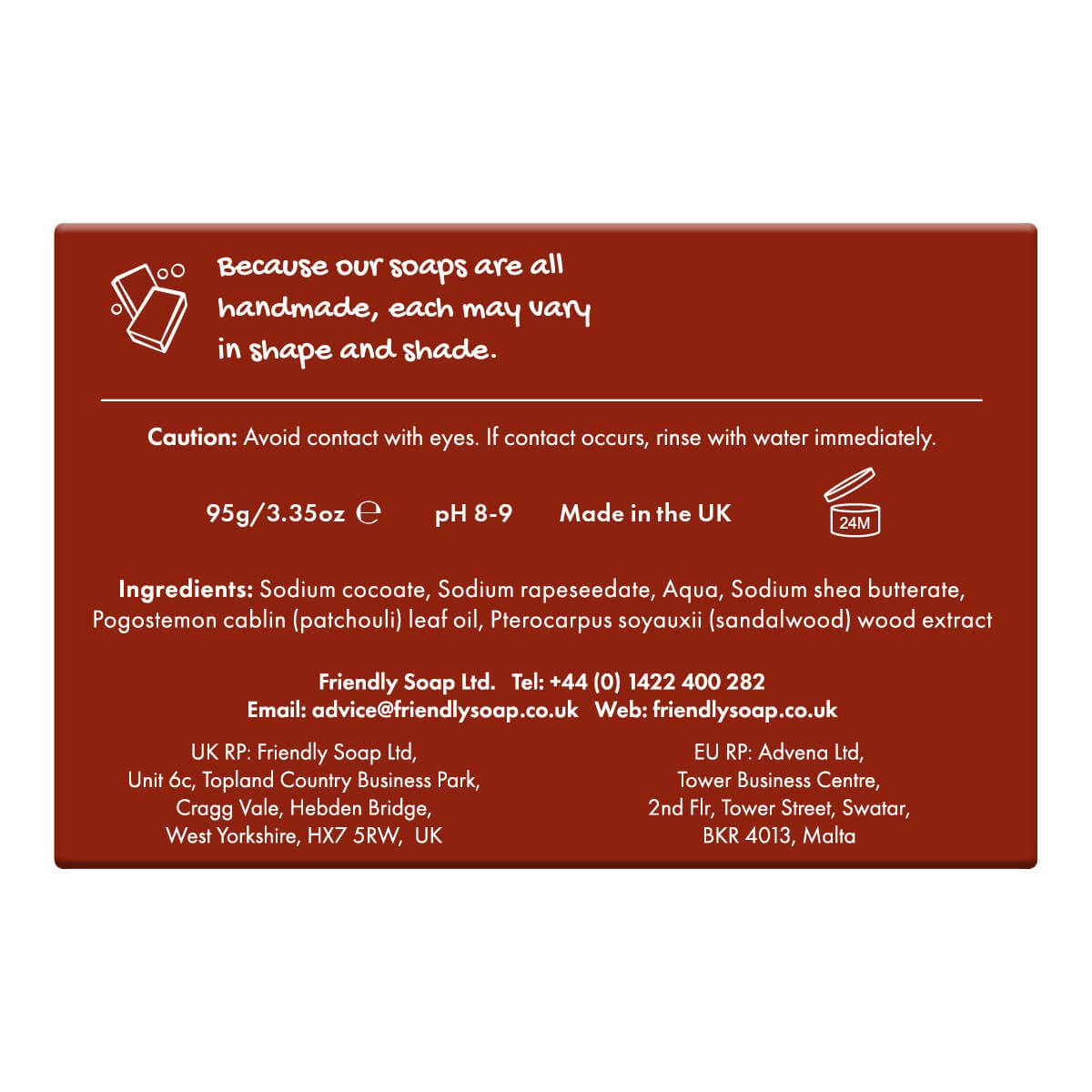 Back of a soap packaging with text about soap-making process, ingredients, and contact information.