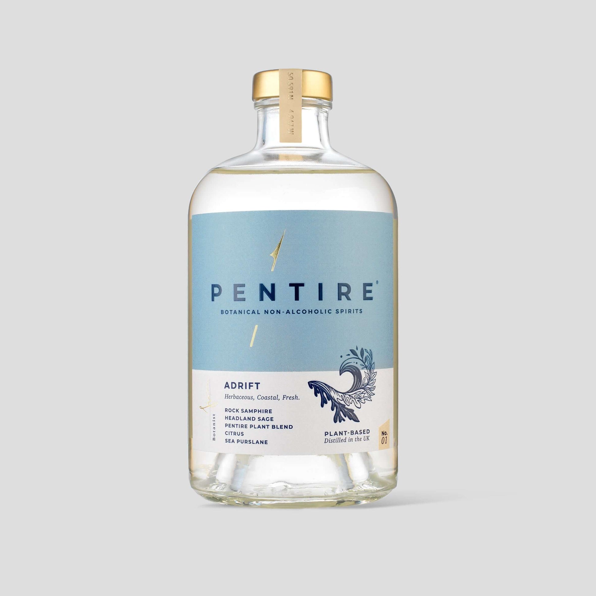 Pentire Adrift botanical non-alcoholic spirit bottle featuring coastal botanicals and plant-based ingredients.