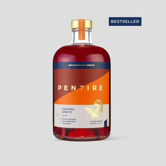 Pentire Coastal Spritz bottle featuring non-alcoholic aperitif with Blood Orange, Sea Rosemary, and Oakwood.